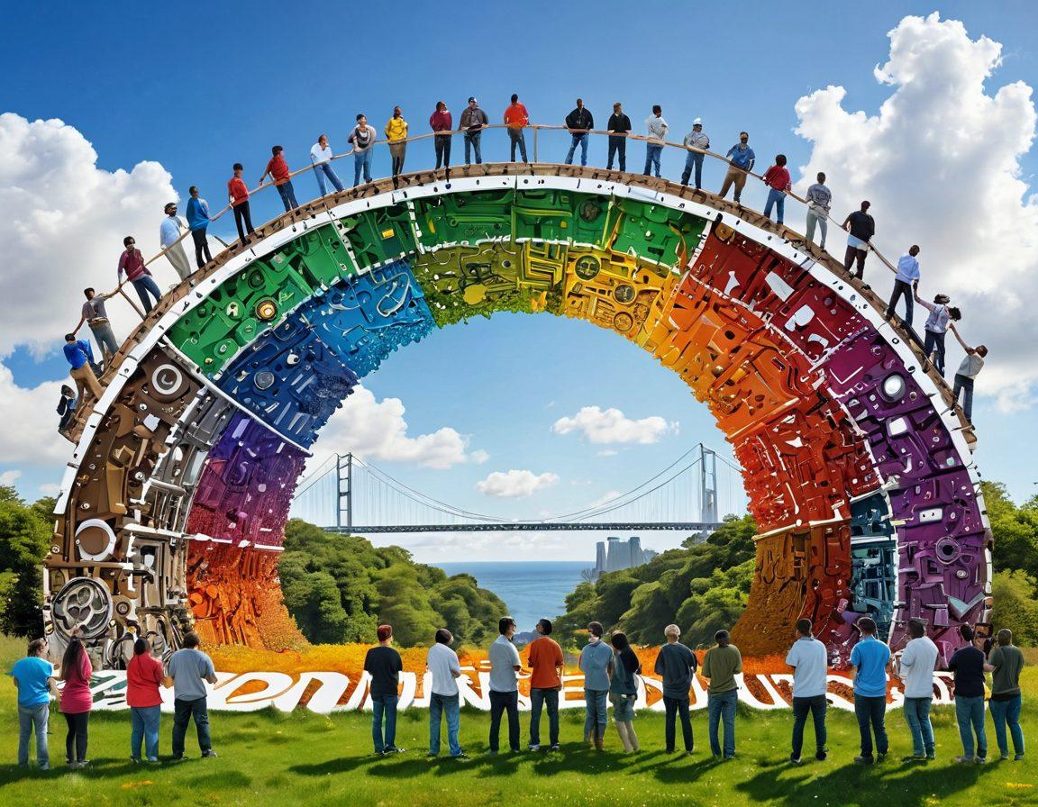 A diverse group of people from various backgrounds collaboratively building a large, symbolic bridge made of Linux and Ubuntu logos, with vibrant community colors and tools scattered around. Above them, a bright sky representing innovation, while in the background, tech elements like circuit boards and gears intertwine with nature. The setting reflects a harmonious blend of technology and community efforts. super-realistic. vibrant colors. white background.