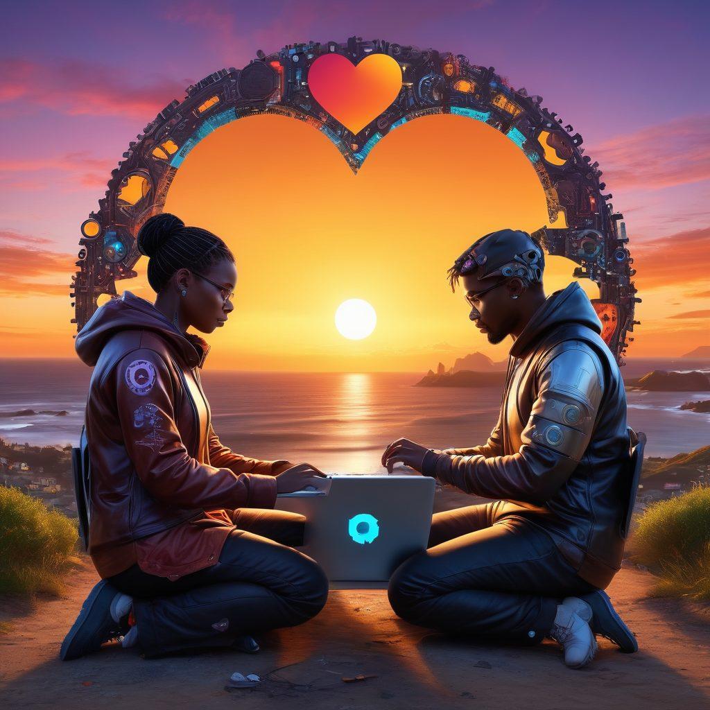 A vibrant community mural depicting diverse individuals collaborating passionately over Linux and Ubuntu logos, showcasing themes of affection and teamwork. Include laptops, code snippets, and heart symbols intertwined with gears and circuits to symbolize connectivity. The background features a colorful sunset, representing warmth and inspiration in open source discussions. 3D elements with a cyberpunk aesthetic and glowing highlights bring the scene to life. super-realistic. vibrant colors.