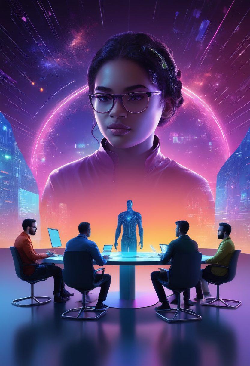 A dynamic scene depicting a lively debate among diverse individuals representing the open source community, surrounded by vibrant icons of popular open source software. The background features a digital landscape that symbolizes collaboration and innovation, with glowing code snippets and intertwined network paths. The individuals are animatedly discussing, showcasing their passion. Bright colors and futuristic elements enhance the energy of the scene. super-realistic. vibrant colors. 3D.